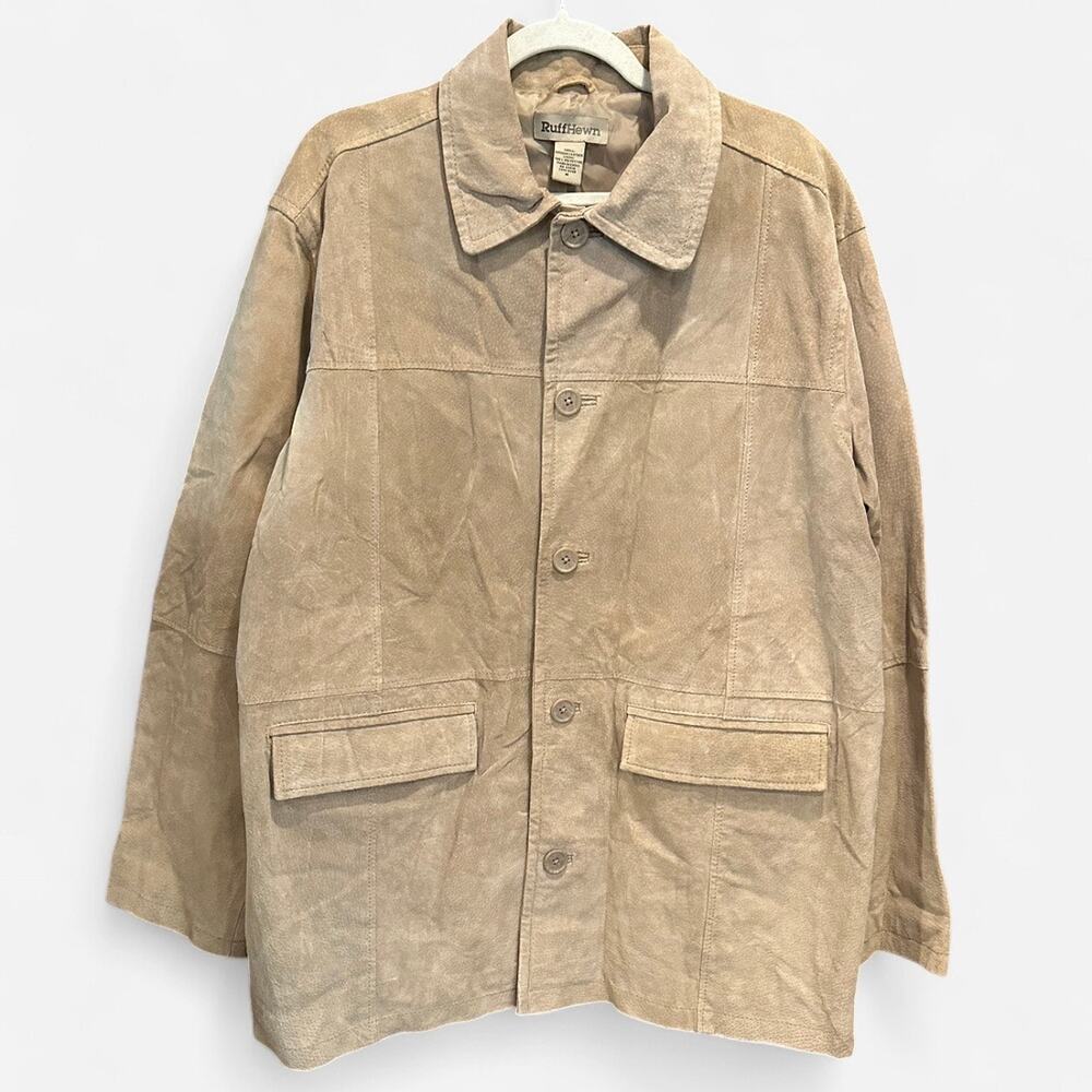 Y2K Ruff Hewn Tan Suede Leather Oversized Jacket Medium 90s Minimalist Chic - Picture 2 of 10